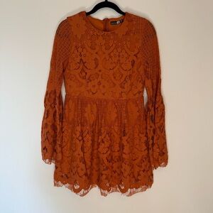 Boohoo Burnt Orange Long Sleeves Lace MiniDress Size 8